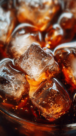 cola with ice cubes in a glass close-up macro photoの写真素材