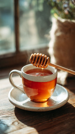 Cup of tea with honey on a wooden table near the windowの写真素材