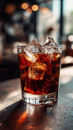 cola with ice in a glass on a table in a pub