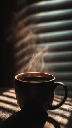 Cup of coffee in the rays of the sun on the windowの写真素材