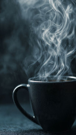 Cup of hot coffee with smoke on dark background, close upの写真素材