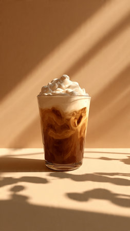 Iced coffee with whipped cream in a glass on beige backgroundの写真素材