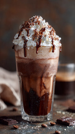 Iced coffee with whipped cream and chocolate on a dark background.
