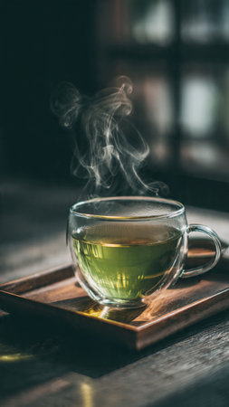 Cup of green tea with steam on wooden tray, stock photoの写真素材