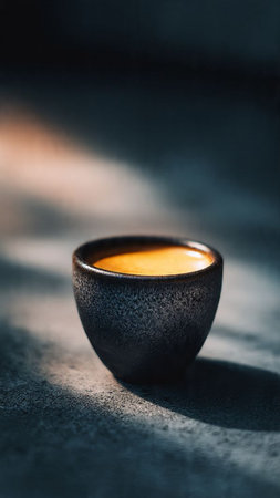 Cup of coffee on a dark background with a soft shadow.の写真素材