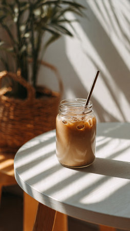 Iced coffee in glass jar with straw on white table in sunlightの写真素材