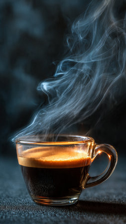Cup of coffee with smoke on dark background. Hot drink.の写真素材