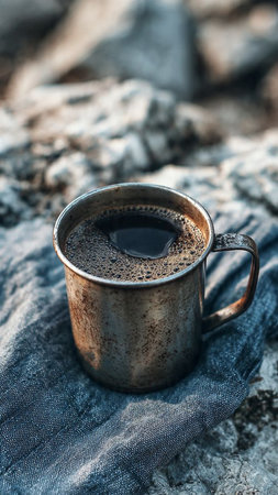 Coffee in a metal cup on the background of the rocksの写真素材