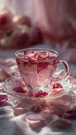 Cup of tea with rose petals on a light background.の写真素材