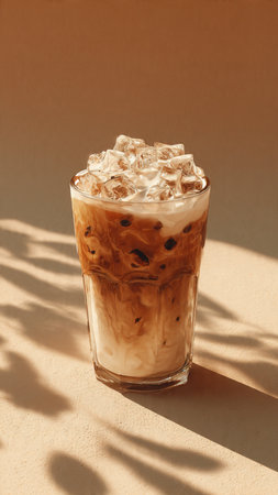 Iced coffee with ice cubes in a tall glass on brown background