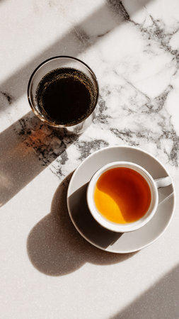 Cup of black coffee on white marble table with shadow from sunlightの写真素材