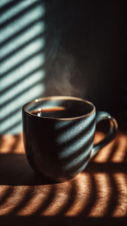 Cup of coffee with sunbeams through the blinds.の写真素材