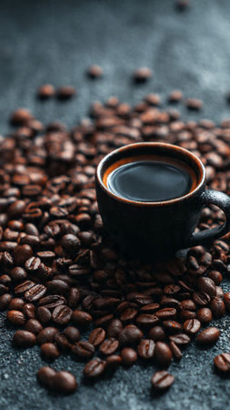 Coffee cup and coffee beans on dark background. Close up.の写真素材