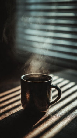 Cup of coffee with steam on the background of blinds.の写真素材