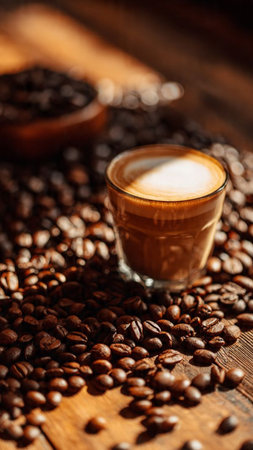 Coffee cup and coffee beans on a wooden background. Selective focus.の写真素材