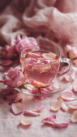 Rose tea in a glass cup with pink rose petals on a pink backgroundの写真素材