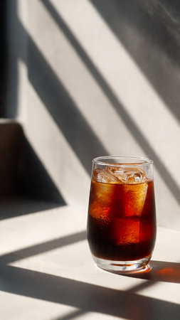 Cola with ice cubes in a glass on the windowsill with sunlight