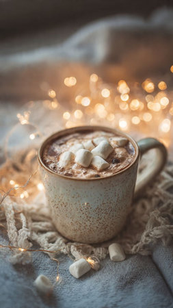 Cup of hot chocolate with marshmallow on knitted blanket, bokeh lights on background