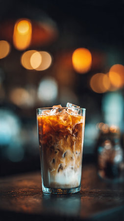 Iced coffee in a glass with ice cubes on a dark backgroundの写真素材