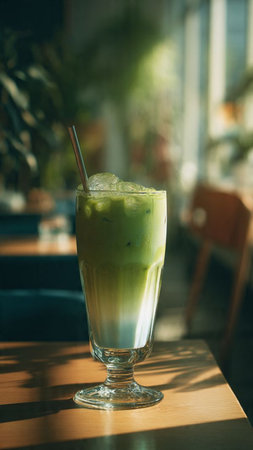 Iced matcha green tea latte with milk in a glassの写真素材