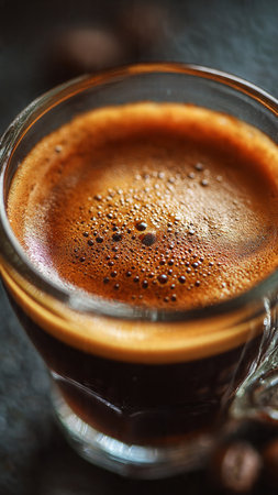 Coffee in a glass cup on a dark background close upの写真素材