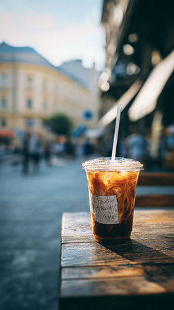 Iced coffee in a plastic cup on a wooden table in the cityの写真素材