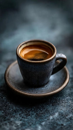 Cup of coffee on dark blue background, selective focus, verticalの写真素材