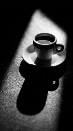 Black and white photo of a cup of coffee on a dark backgroundの写真素材