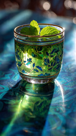 Mint leaves in a glass cup on a blue background with reflection