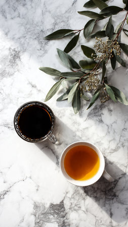 Cup of black tea with eucalyptus branchle backgroundの写真素材