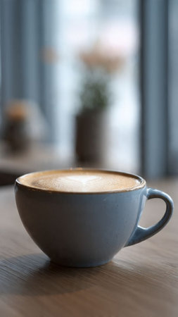 Coffee cup on wooden table in coffee shop, stock photo