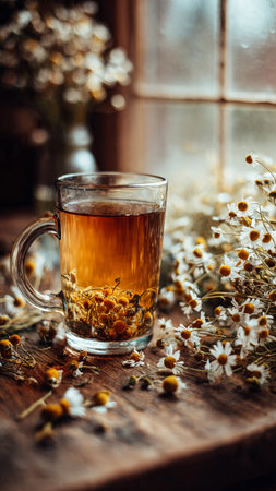 Cup of tea with chamomile flowers on a wooden backgroundの写真素材