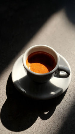 Cup of coffee on the table in sunlight. Close up.の写真素材