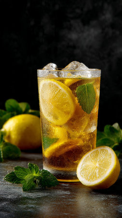 Glass of iced tea with lemon, mint and ice cubes on dark backgroundの写真素材