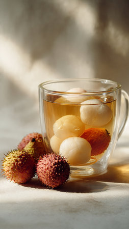 Rambutan fruit in a glass cup on a light background.の写真素材