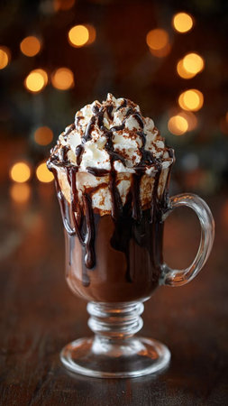 Hot chocolate with whipped cream and chocolate sauce in a glass cup.