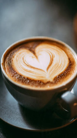 Coffee cup with heart shape latte art on wooden tableの写真素材