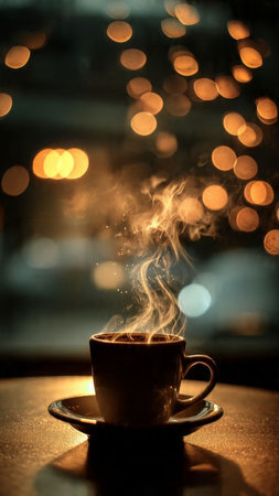 Cup of coffee with bokeh lights on the background.の写真素材