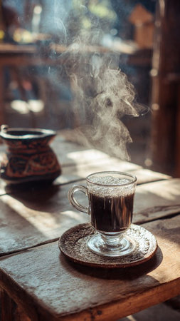 Cup of coffee with steam on a wooden table in a cafeの写真素材