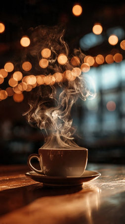 Cup of coffee on a wooden table with bokeh backgroundの写真素材