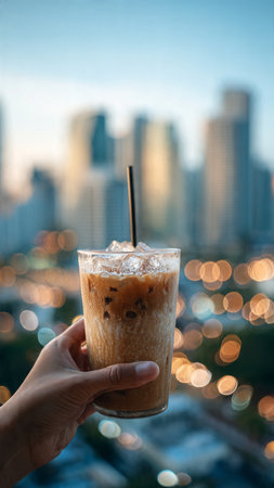 Iced coffee in hand with cityscape background, soft focus.