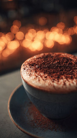 Cup of cappuccino with cocoa powder on dark backgroundの写真素材