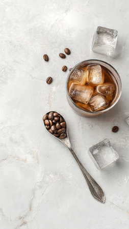 Glass of cold coffee with ice cubes and beans on white marble tableの写真素材