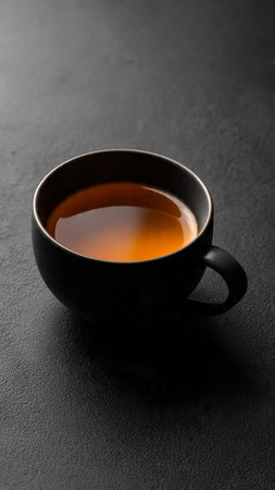 Cup of tea on dark background, closeup. Black tea cup