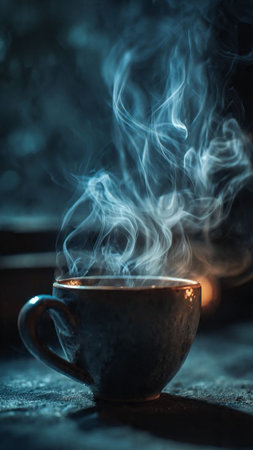Cup of hot coffee with smoke on dark background. Selective focusの写真素材