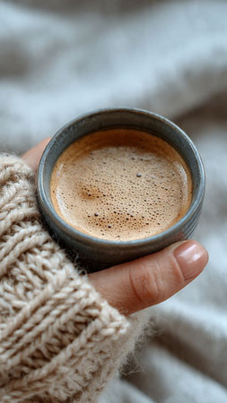 Female hands in warm sweater holding cup of coffee, close-up