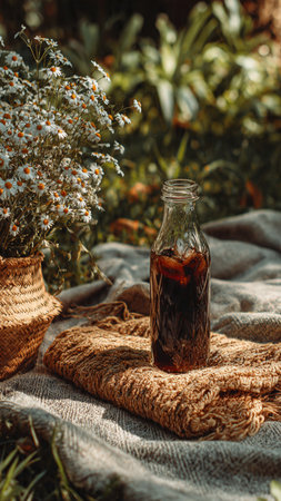 Coffee in a glass bottle with chamomile flowers in the background.の写真素材