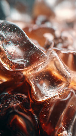 close up of cola with ice cubes, shallow dof.