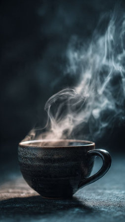 Cup of hot coffee with steam on dark background. Copy space.の写真素材