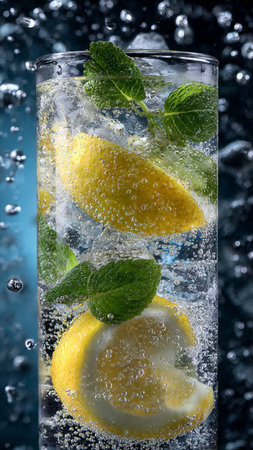 Cocktail with lemon, mint and ice on dark blue backgroundの写真素材